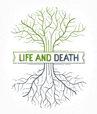 Yaşam, yaşam ve ölüm ağacı, yaşam döngüsü, vektör logosu doğrusal çizim, klasik sembol.