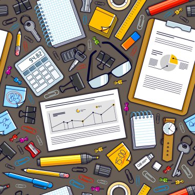Çalışma masası üst görünümü bir çok farklı kırtasiye elemanı ile dikişsiz vektör duvar kağıdı, iş temalı resim çeşitlilik nesneleri resimleriyle.