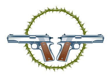 İki çapraz tabanca vektör amblemi ya da logosu beyaz, antika arma, silah, ordu gücü ya da çete işareti üzerine izole edilmiş..