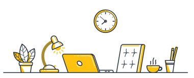 Çalışma masası düz çizimi beyaz, ofis ya da ev işi yeri vektör modern illüstrasyon, boş sandalye boş iş kavramı, rahat çalışma alanı.