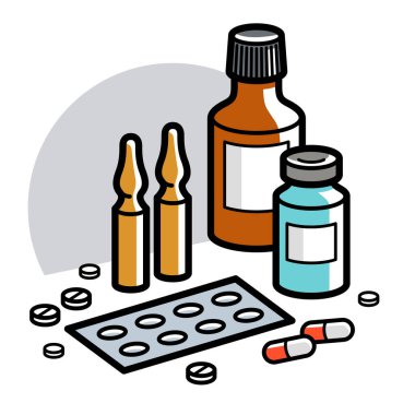 İlaç temalı ilaç temalı ilaç şişeleri haplar ve ampule 3d vektör illüstrasyonu izole, ilaçlar ve uyuşturucular, sağlık ilaçları karikatürü, vitaminler veya antibiyotikler, basit doğrusal tasarım.