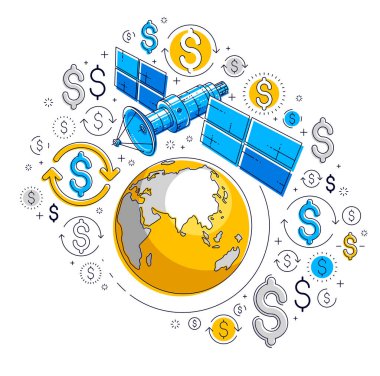 Simge seti, internet etkinliği, çevrimiçi ödemeler, elektronik iş konsepti, pazar yeri veya dükkan, vektör tasarımı içeren gezegen ve uydu yörünge uçuşları.