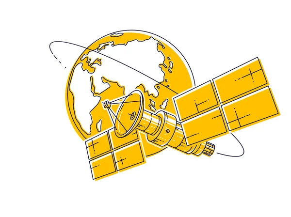 通信宇宙船宇宙ステーションの太陽電池パネルと衛星アンテナ プレートのまわりを回る衛星 細い線 ベクトル図 — ストックベクタ