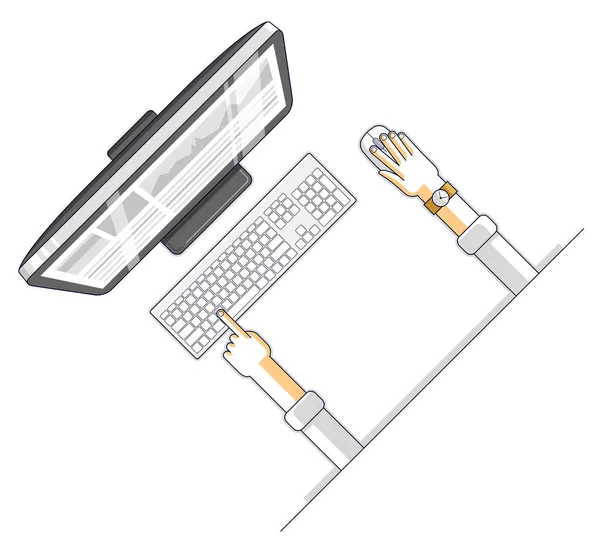 사무실 작업자 컴퓨터 인간의 손으로 책상의 평면도에서 일러스트 — 스톡 벡터