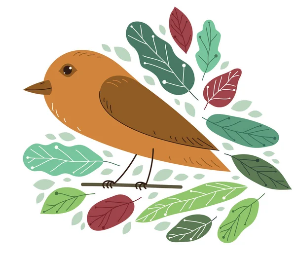 Pequeño Pájaro Lindo Una Rama Rodeada Hojas Vector Ilustración Estilo — Vector de stock