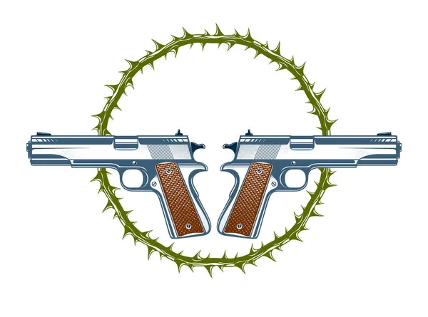 Два Скрещенных Пистолета Векторная Эмблема Логотип Изолированы Белом Винтажном Стиле — стоковый вектор