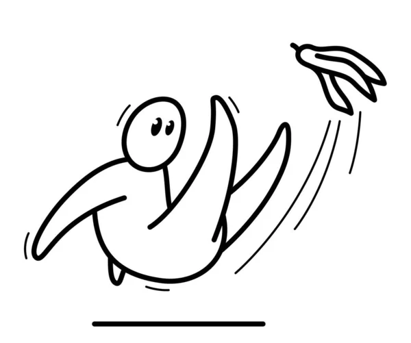 Маленький Смешной Мультяшный Человек Падает Банановой Кожи Вектор Плоский Стиль — стоковый вектор