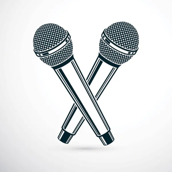 Deux Microphones Croisés Illustration Vectorielle Influence Des Médias Sociaux Concept — Image vectorielle
