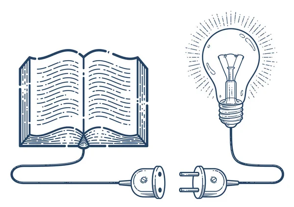 Otevřená Kniha Nápadem Žárovka Kabel Plug Vektor Lineární Ikona Vzdělávání — Stockový vektor