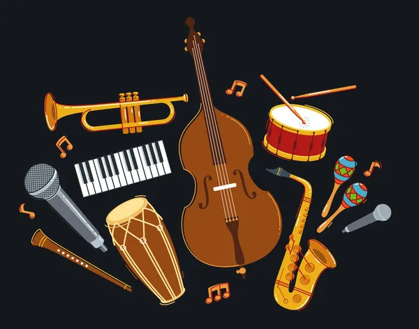 Jazz Muziek Band Concept Verschillende Instrumenten Vector Platte Illustratie Donkere — Stockvector