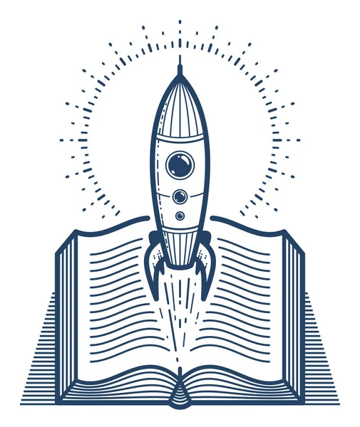 Otevřená Kniha Raketovou Vektorovou Lineární Ikonou Startem Rakety Textu Prostorem — Stockový vektor