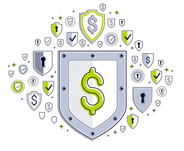 盾和美元图标集 金融安全概念 装甲企业卫士 金融保护 向量平面细线设计 元素可以分开使用 — 图库矢量图片