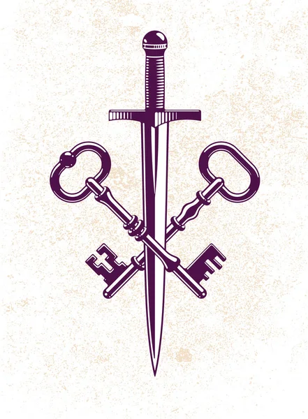 Перехрещені Ключі Кинджал Векторна Емблема Ворота Меч Захищені Таємниці Захищена — стоковий вектор