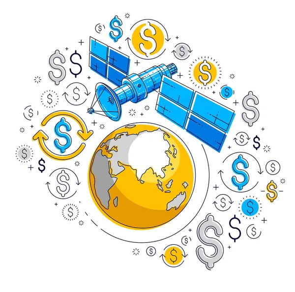 Planeet Aarde Satelliet Vliegende Orbitale Vlucht Met Pictogram Set Internet — Stockvector