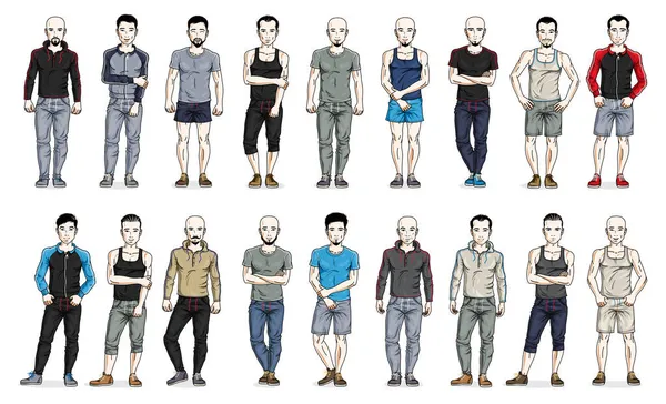 Muži Sportovním Oblečení Vektorové Ilustrace Velký Set Izolované Bílém Pozadí — Stockový vektor