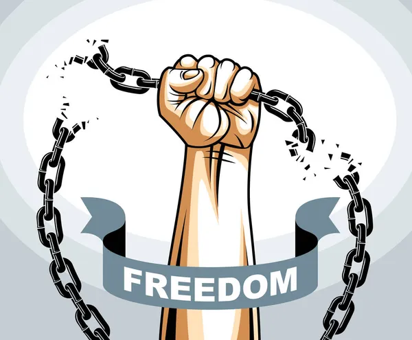 奴隶制主题图解 用有力的手紧握拳头与锁链 矢量标志或纹身为自由而斗争 获得自由 为自由而斗争 — 图库矢量图片
