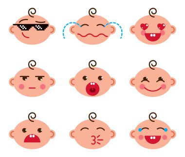 Şirin Bebek çizgi film vektör düz Icons set emoji gülen koleksiyon, çok güzel, mutlu, gülümseyen, gülüyor, dilini gösteren, dil, ağlıyor, üzgün ve kızgın gösterilen piksel gözlük cool.