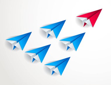 Origami ile görüntülenmiştir liderlik kavramı onlardan biri önde uçan uçak oyuncak katlanmış ve takım grup önde gelen modern tarzı 3d illüstrasyon vektör.