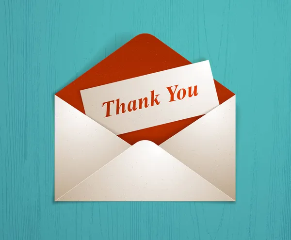 Postal Envelope Thank You Card Wooden Background Realistic Vector Paper — Stock Vector