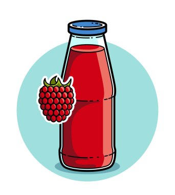 Beyaz arka plan vektör illüstrasyonuna izole edilmiş bir cam şişedeki ahududu suyu, saf taze meyve suyu için çizgi film tarzı logo veya rozet, lezzetli ve sağlıklı diyet yiyecek içeceği.. 