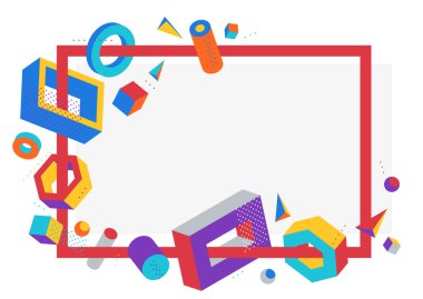 Renkli 3D şekiller beyaz arkaplanda izole edilmiş vektör çerçevesi, parlak pozitif boyutlu tasarım elemanları, kutular ve silindirler ve diğer şekiller basit moda sınır.