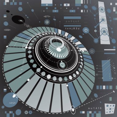 Boyutsal soyut dairesel mekanik şema, 3 boyutlu teknolojik model. Vektör endüstriyel ve mühendislik geçmişi.