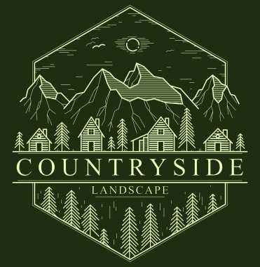 Dağ sırasındaki kırsal köy ve çam ağaçları üzerine doğrusal vektör amblemi, ağaçlardaki ahşap evler orman çizimleri, kır kulübeleri, dinlenmek için vahşi doğada seyahat logosu..