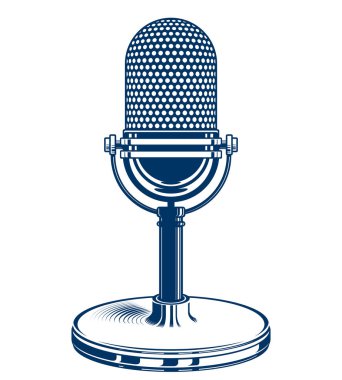 Retro stüdyo mikrofon vektör çizim. Ayağa kalk canlı göstermek kavramı, halkla ilişkiler.
