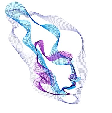 Güzel vektör insan yüzü portresi, noktalı parçacık dizisinden yapılmış insan kafasının sanatsal çizimi, Yapay Zeka, bilgisayar programlama yazılımı arayüzü, dijital ruh.