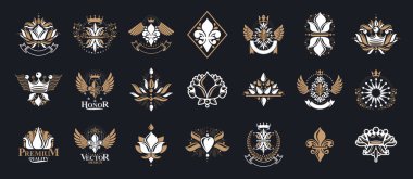 De Lis vintage heraldik amblemler vektör büyük set, antika herallik sembolik rozetler ve zambak çiçek sembollü ödüller koleksiyonu, klasik tarz tasarım unsurları, aile amblemleri.