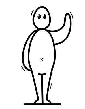 Komik çizgi filmci merhaba diyor ve el sallayan düz vektör stili illüstrasyon beyaz, sevimli ve pozitif küçük adam çizimi ya da ikon.