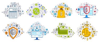 İş ve finans teması birçok basit simge, moda tasarım çizimleri ticari tema koleksiyonu, sembol ve işaret çeşitliliği ile farklı vektör illüstrasyonları.
