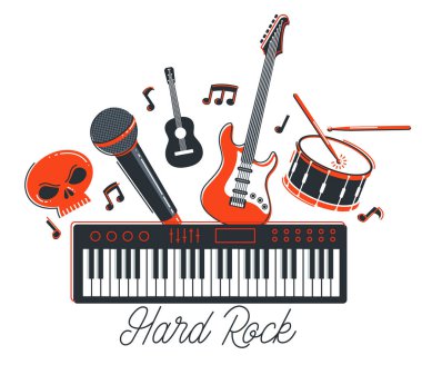Rock müzik grubu vektör düz illüstrasyon beyaz zemin üzerinde izole edilmiş, hard rock ve heavy metal canlı müzik festivali veya konser, rock n roll müzik grubu, gece kulübü partisi.