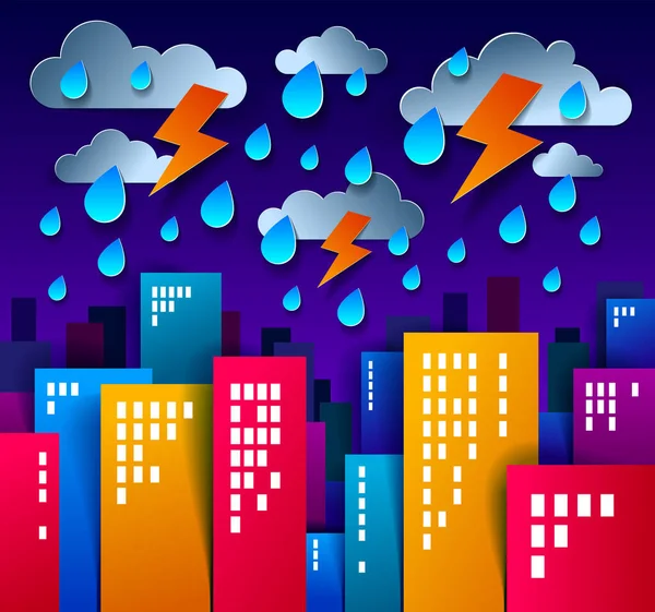 Stadt Häuser Gebäude Unter Gewitter Und Blitz Der Nacht Papier — Stockvektor