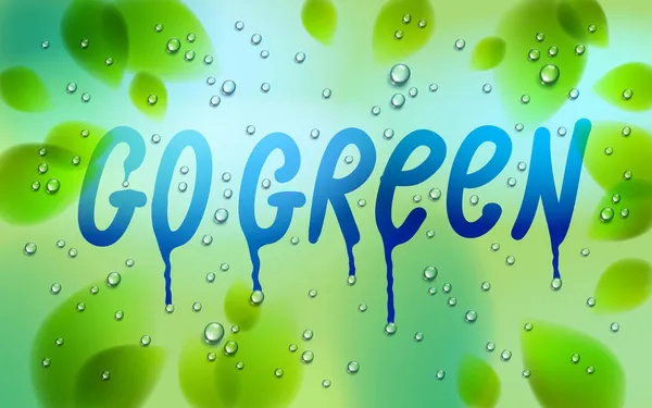 Groene Woorden Getekend Een Raam Verse Groene Bladeren Water Druppels — Stockvector