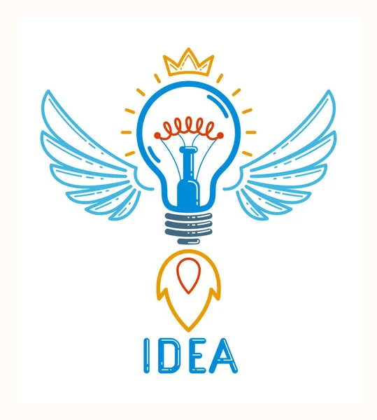 ロケットベクトル線形ロゴやアイコン 創造的なアイデアスタートアップ 科学発明や研究電球 新しいビジネススタートアップのような翼を持つアイデア電球 — ストックベクタ