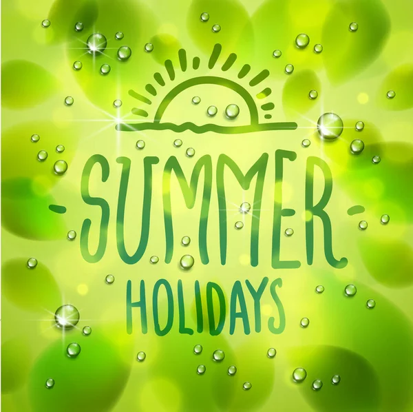 窓に描かれた夏のタイプの組成 新鮮な緑の葉や水の雨滴や凝縮マクロ ベクトル3D現実的な透明イラスト 夏の自然美しいアート — ストックベクタ