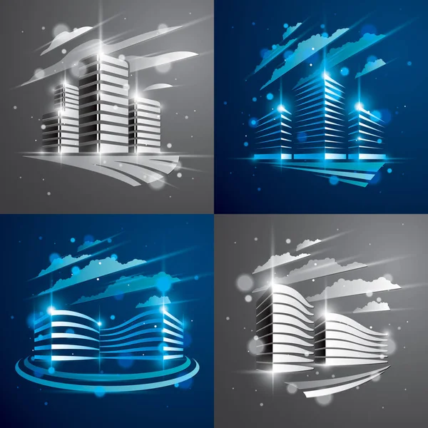 オフィスビルは ぼやけたライトと睨む効果を持つ近代建築ベクトル イラストを設定します 不動産不動産ビジネス センター青と白黒のデザインです 大都市で の未来ファサード — ストックベクタ