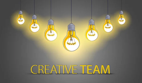 Creative Team Concept Group Five Shining Light Bulbs Represents Idea — Stock Vector