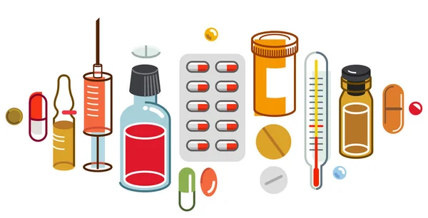 Apotheke Medikamente Apotheke Flaschen Und Pillen Und Ampullen Große Zusammensetzung — Stockvektor