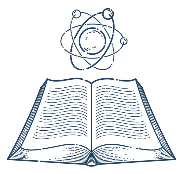 带原子矢量线形图标的开卷书 教育和科学物理文献图书馆阅读线艺术符号或标志 — 图库矢量图片