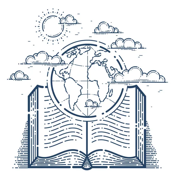 Open Book Earth Planet Vector Linear Icon Geography Travel Literature — Stock Vector