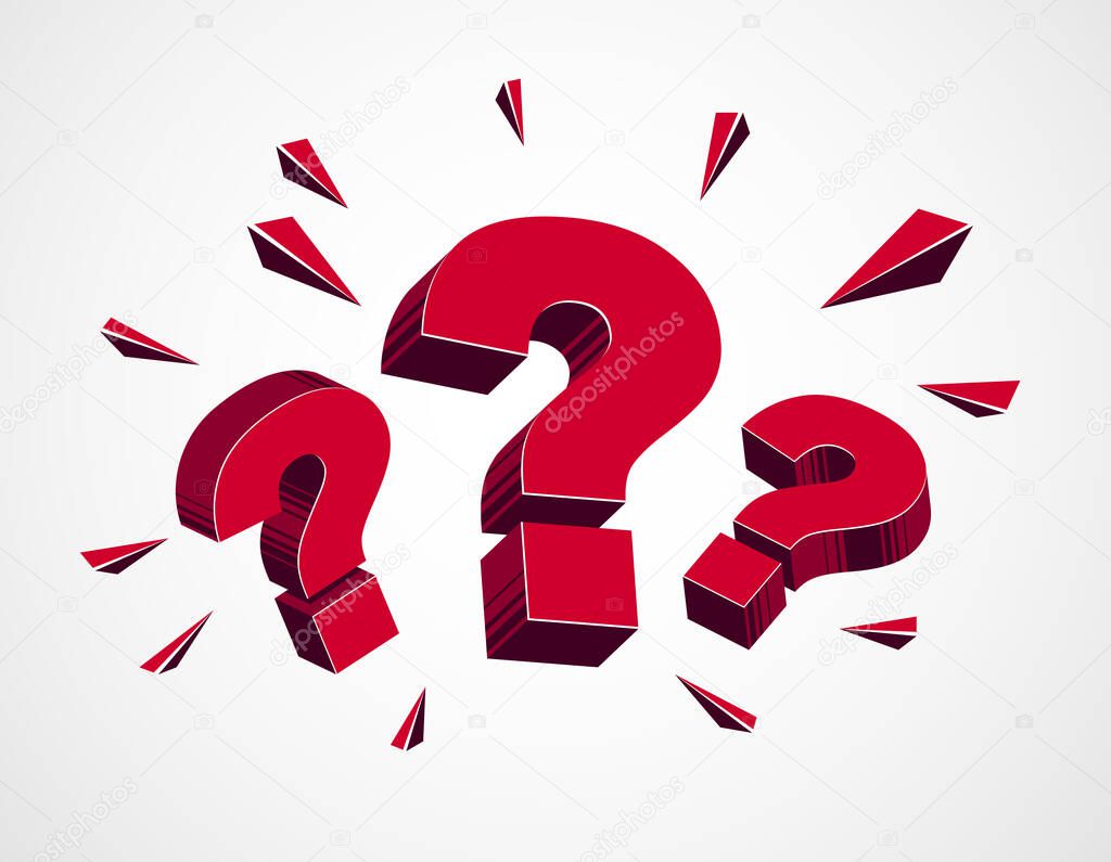 Three 3D question marks query symbol vector icon, design element.