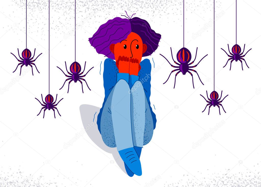 Arachnophobia fear of spiders vector illustration, girl surrounded by spiders scared in panic attack, psychology mental health concept.