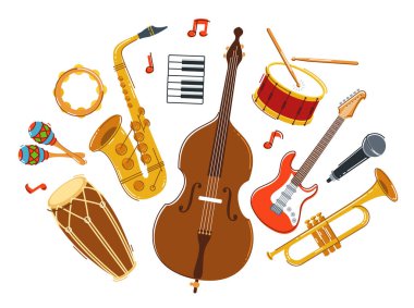Caz müzik grubu kavramı farklı enstrümanlar vektör düz illüstrasyon beyaz zemin, canlı müzik festivali veya konser, müzisyen farklı enstrümanlar seti.