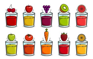 Beyaz, çizgi film tarzı logo ya da rozet üzerine izole edilmiş farklı renk çeşitleri, leziz ve sağlıklı diyet yiyecek içeceği..