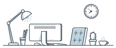 Çalışma masası masa başı düz illüstrasyon beyaz üzerine izole edilmiş, evde rahat çalışma alanı kavramından çalışma, boş sandalye boş iş kavramı yok.