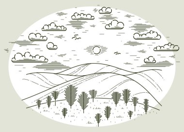 Güzel manzaralı çayırlar ve ağaçlar vektör doğrusal illüstrasyonları beyaz, açık havada yürüyüş yapan karınca gezileri aktif yaşam tarzı, çizgi sanatı doğa.