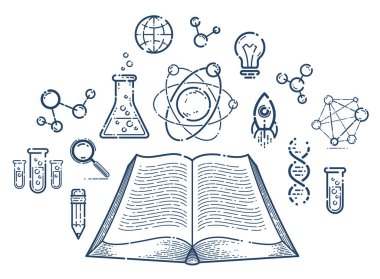 Bilimsel edebiyat konsepti vektör doğrusal simgesi, farklı bilim simgeleri ve sembolleriyle açık kitap, eğitim ve araştırma.