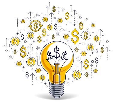 Parlak ampul ve dolar simgeleri, iş fikri yaratıcı kavram, e-ticaret alegorisi, internet işi, pazar yeri veya çevrimiçi dükkan, vektör illüstrasyonu.